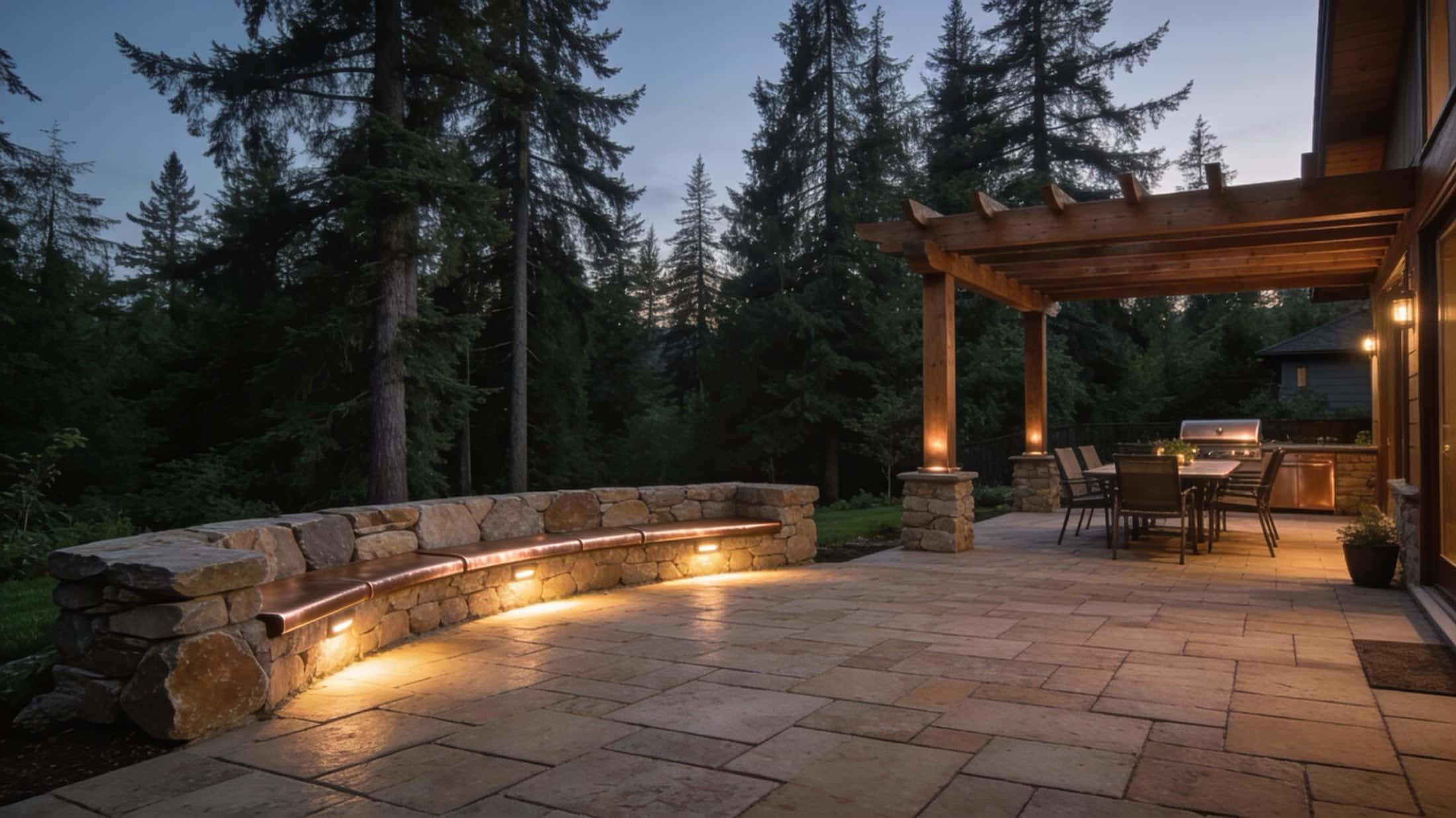 A finished backyard at dusk: a curved stone seat wall with a lit copper cap, a flagstone patio, and a cedar pergola over an outdoor dining table, tall firs behind