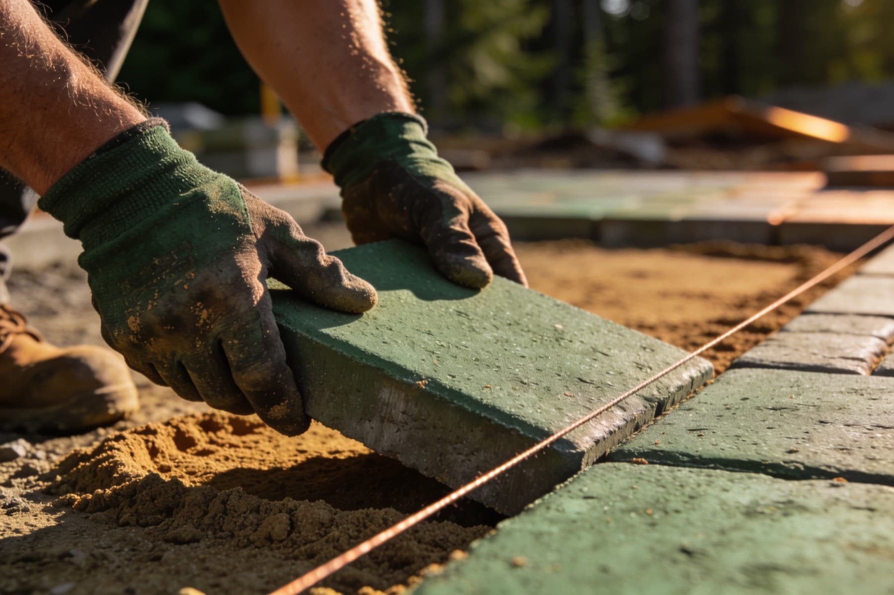 Gloved hands setting pavers into a sand bed