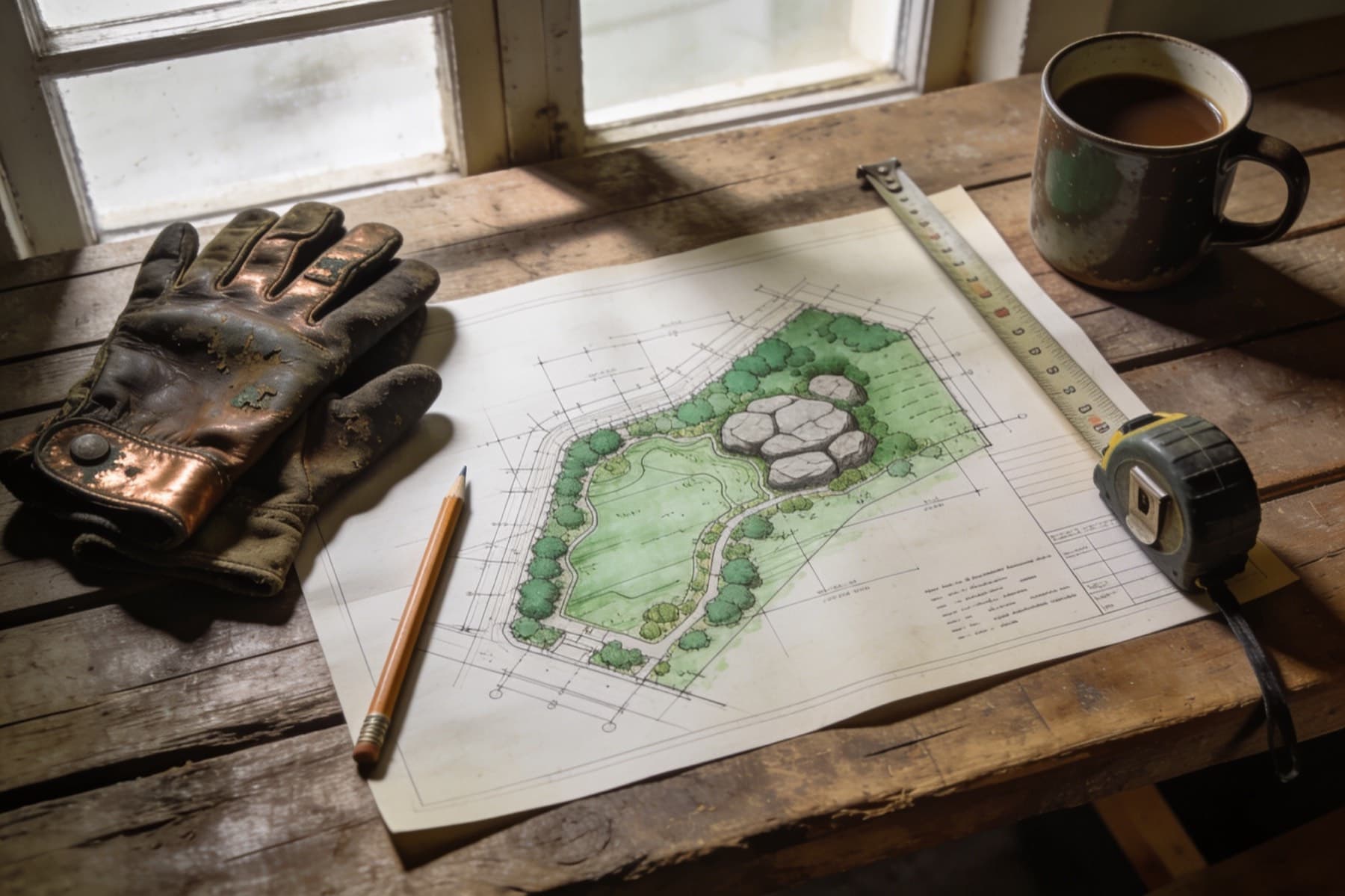 Landscape site plan with scale ruler and pencil on a drafting table