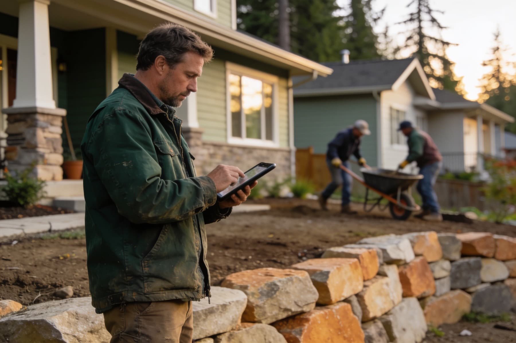 Foreman reviewing the schedule on a tablet at the jobsite