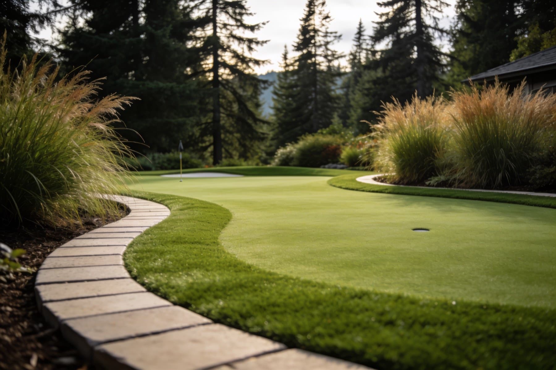 Backyard putting green surrounded by fresh planting